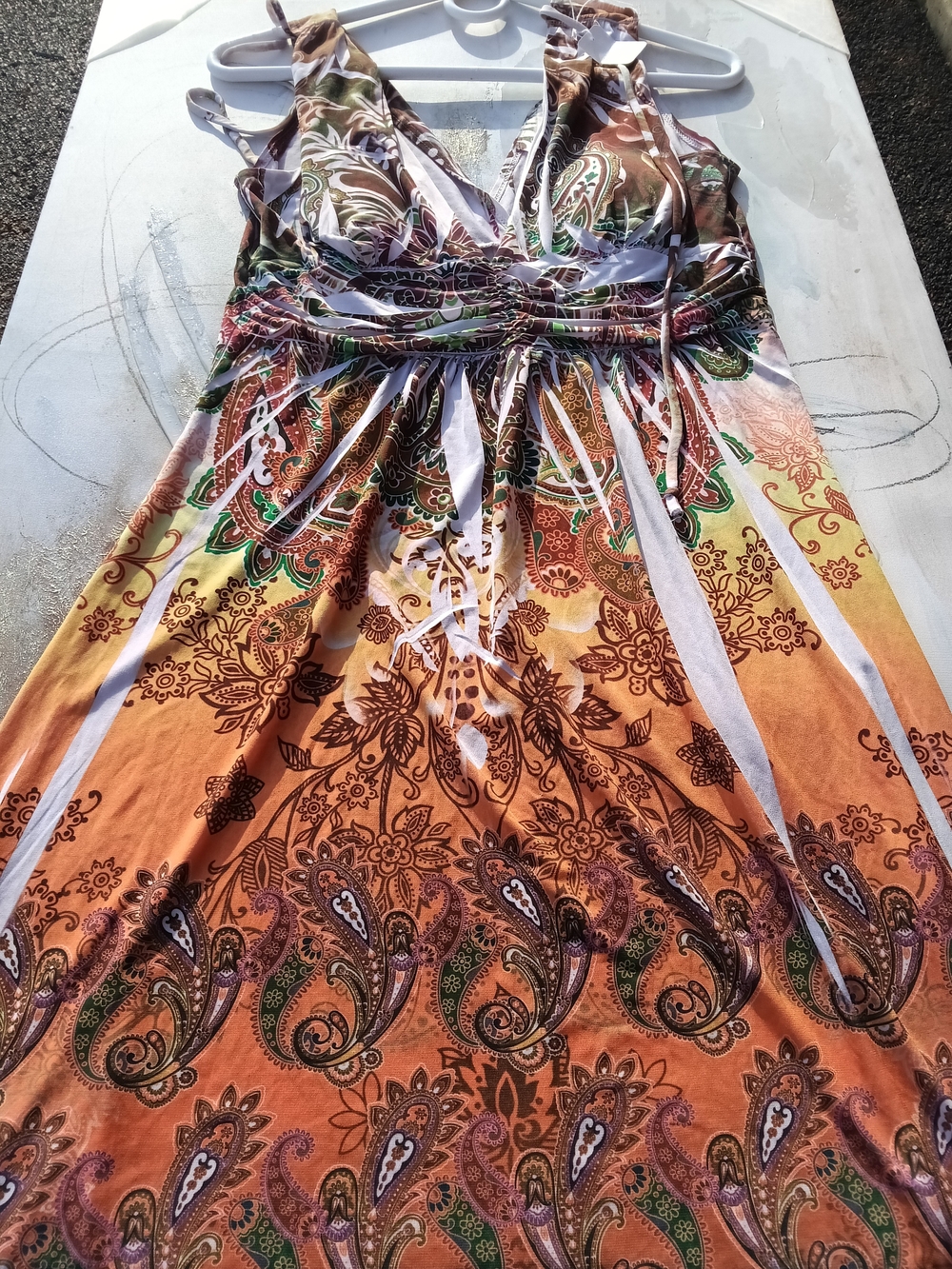 Boho Paisley Orange Gradient Maxi Dress, With Implanted Bra.